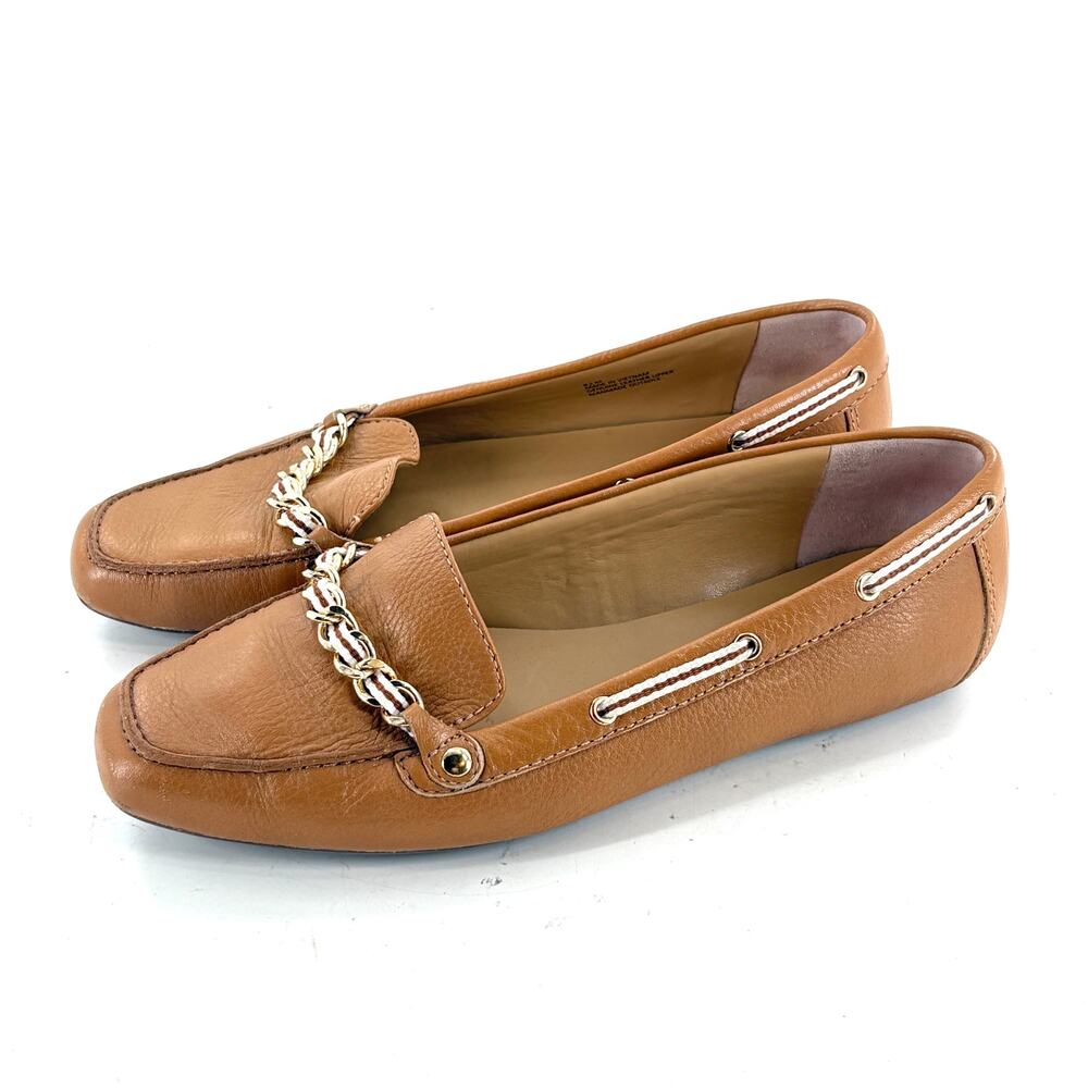 Talbots Chain Link Leather Loafers 8.5 Flats Tan Camel Academia Prep Old Money